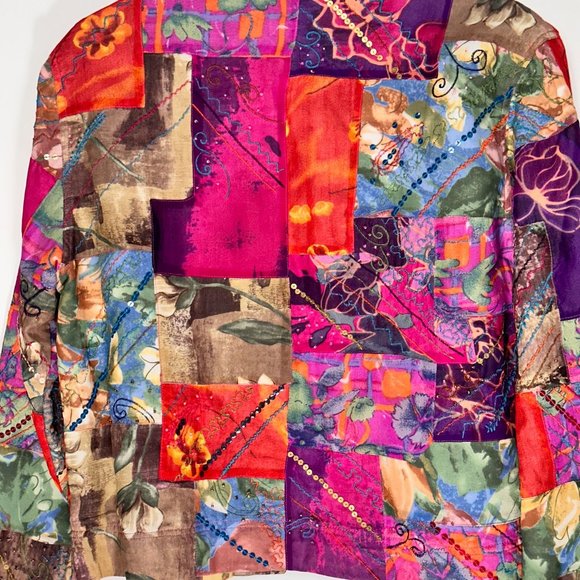Chico's Pink Purple Patchwork Sequin Beads Embroidered Silk Blend Jacket M - Picture 6 of 11